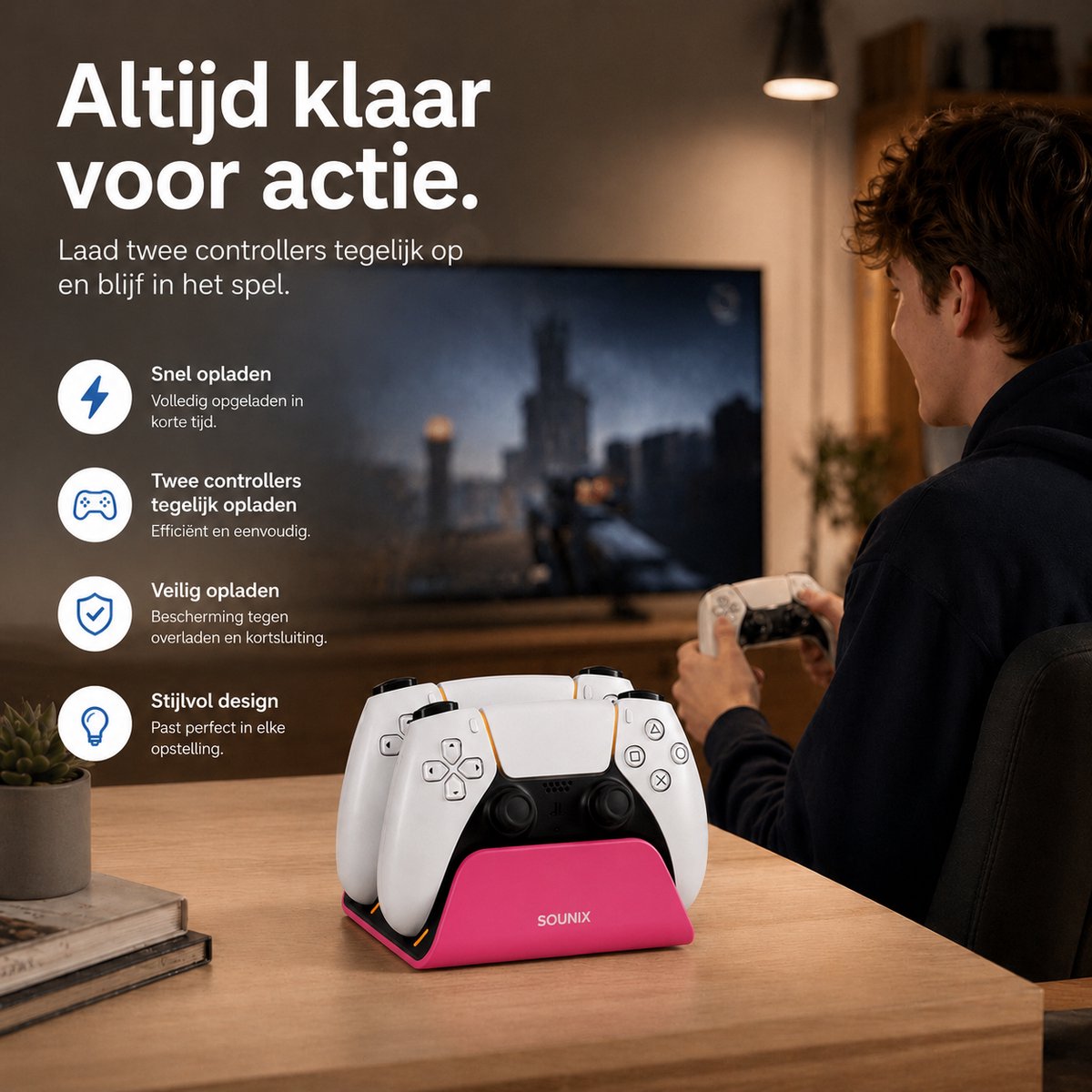 Sounix Oplaadstation geschikt voor PS5 / PS5 Slim / PS5 PRO / DualSense Controller - PS5 accessoires - Dual Oplader - Charging Dock - Roze – foto 2