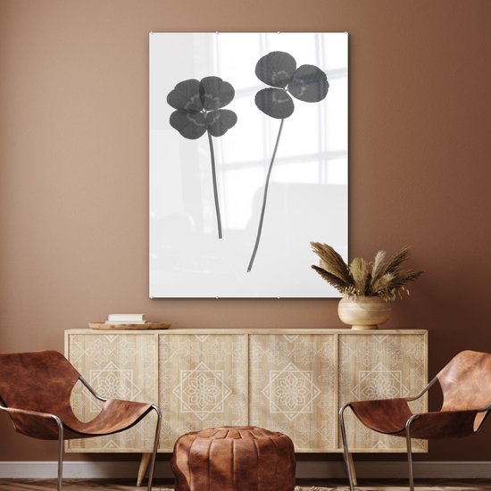 Peinture sur verre - Trèfle à Klavertje vier feuilles et trèfle à trois feuilles - noir et blanc - 90x120 cm - Peintures sur Verre Peintures - Photo sur Glas