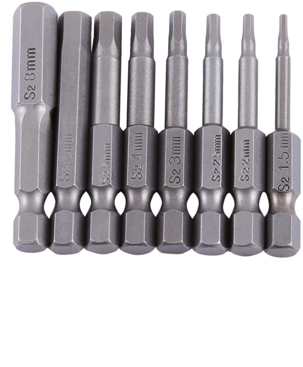 aladdien - Magnetische Hex Head Schroevendraaier Bits - 8 Stuks - 50mm - S2 Hex Shank - Geschikt voor Elektrische Schroevendraaiers - H1.5 t/m H8