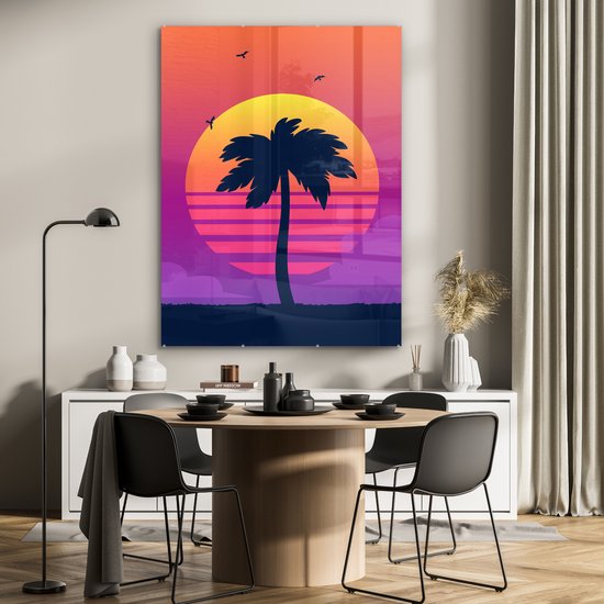 MuchoWow® Peinture sur verre 90x120 cm - Peinture sur verre acrylique - Palmier - Silhouette - Été - Photo sur verre - Peintures