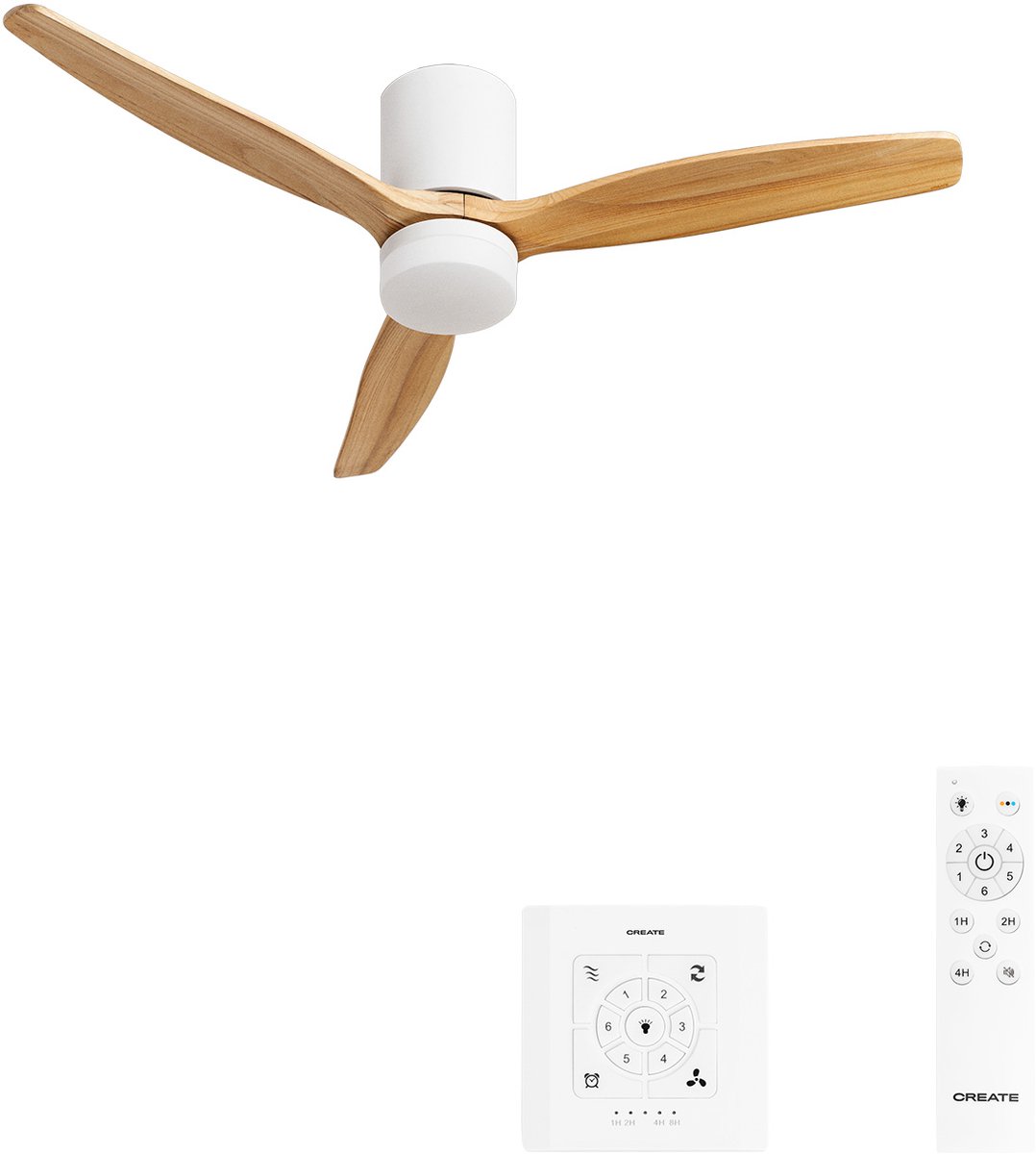 CREATE - Stille plafondventilator 40W Ø132cm 100% hout met aanpasbare gipsen behuizing - Met licht - Controller voor wandmontage + afstandsbediening - WIND CALM CONCRETE