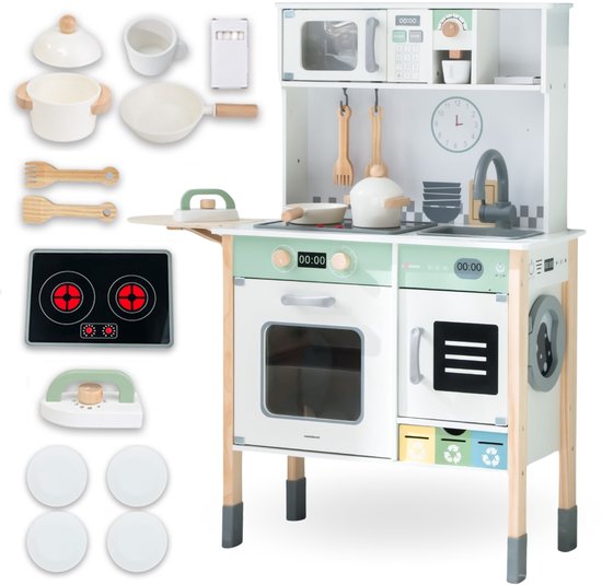 Cuisine de jeu en bois avec four, plaque de cuisson, micro-ondes, lave-linge, accessoires et assiettes