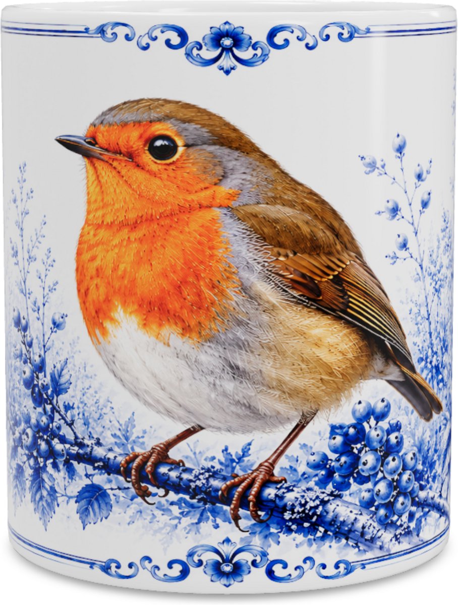 Mok Roodborstje (Erithacus rubecula) - Delfts Blauw Portret - Cadeau voor Vogelliefhebber