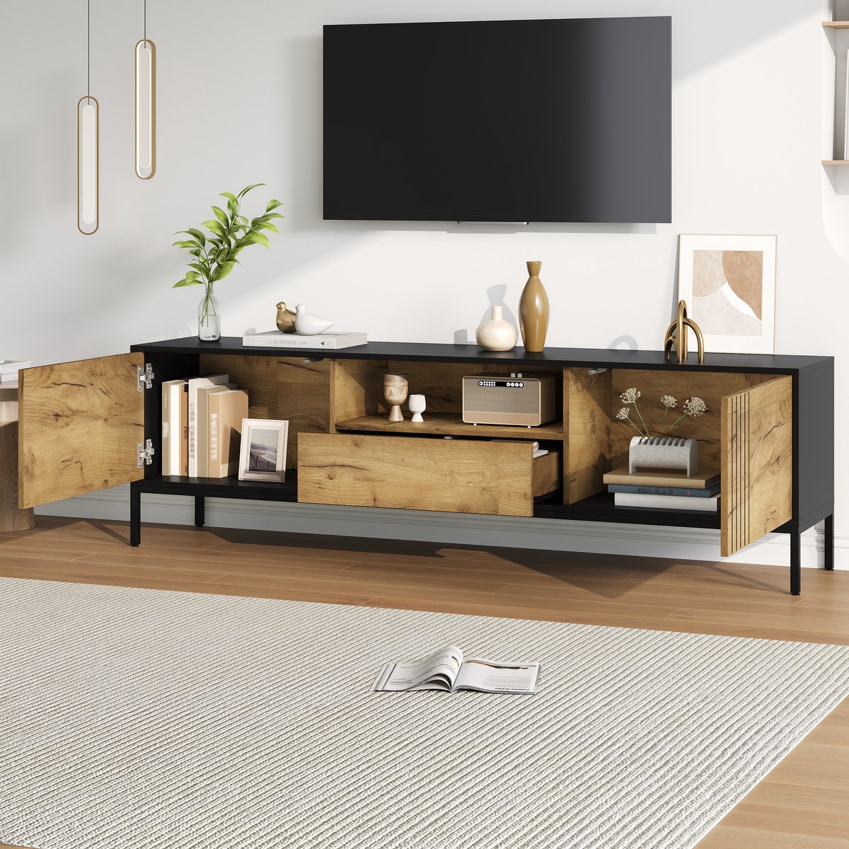 Merax 170x35x50 cm tv-meubel - lage kast - met 2 kasten en 1 lade - tv-tafel - tv-standaard - woonkamerkast - eik