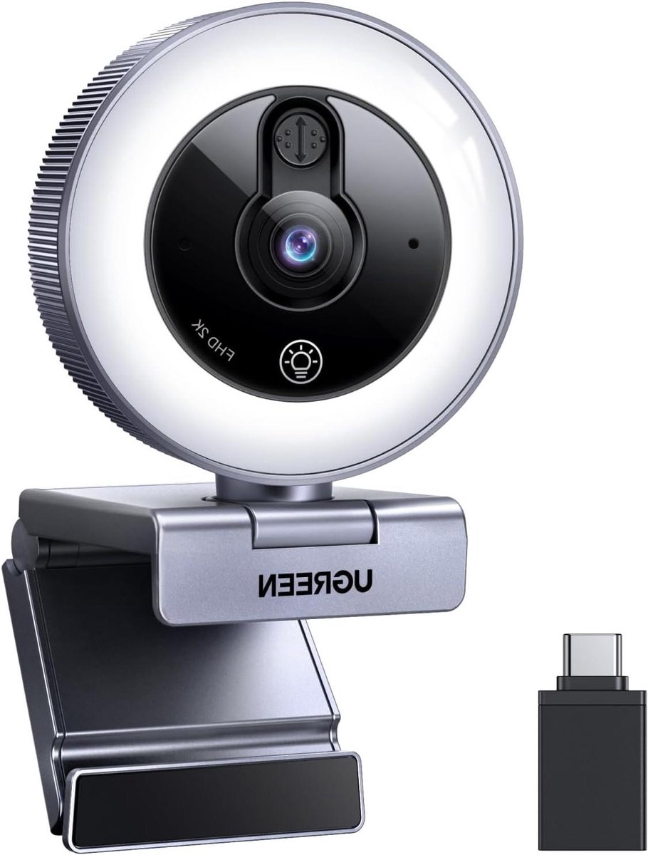Webcam met ringlicht - PC camera - Videobellen - Vaste focus - 2K resolutie - Grijs