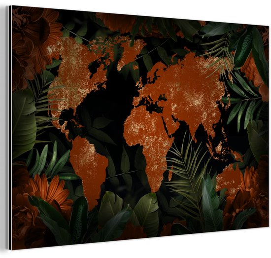 Décoration murale Métal - Peinture Aluminium - Wereldkaart - Goud - Plantes - 90x60 cm