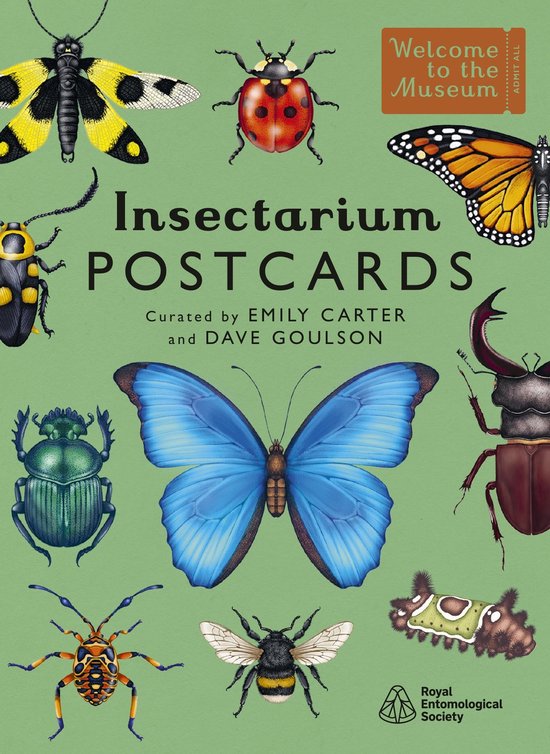 Insectarium Postcards boek met diverse insectenillustraties, waaronder een vlinder, kever en lieveheersbeestje. "Welcome to the Museum".