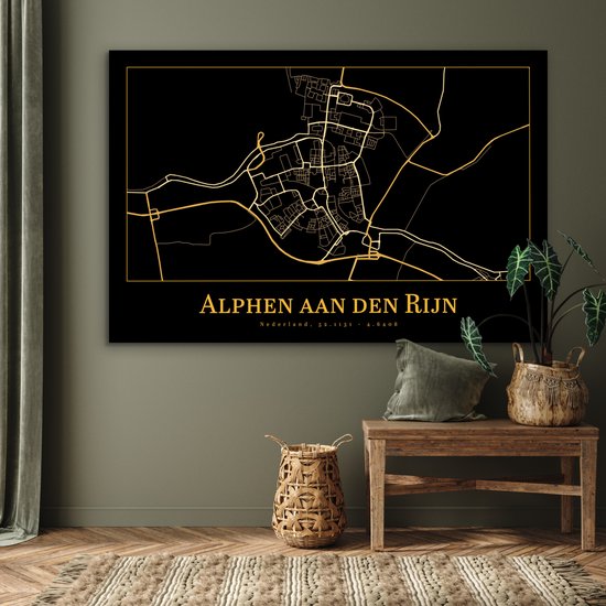 Décoration murale Métal - Aluminium - Carte - Alphen aan den Rijn - Zwart - Or - 150x100 cm