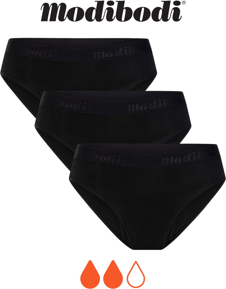 Modibodi Menstruatie Ondergoed Normaal Absorberend Tiener Hipster Bikinislip 3-Pack Zwart Y08-10