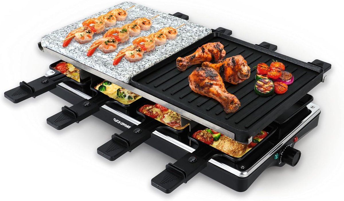 Elektrische Raclette Grill voor 8 Personen met Steenplaat en Aluminium Grillplaat