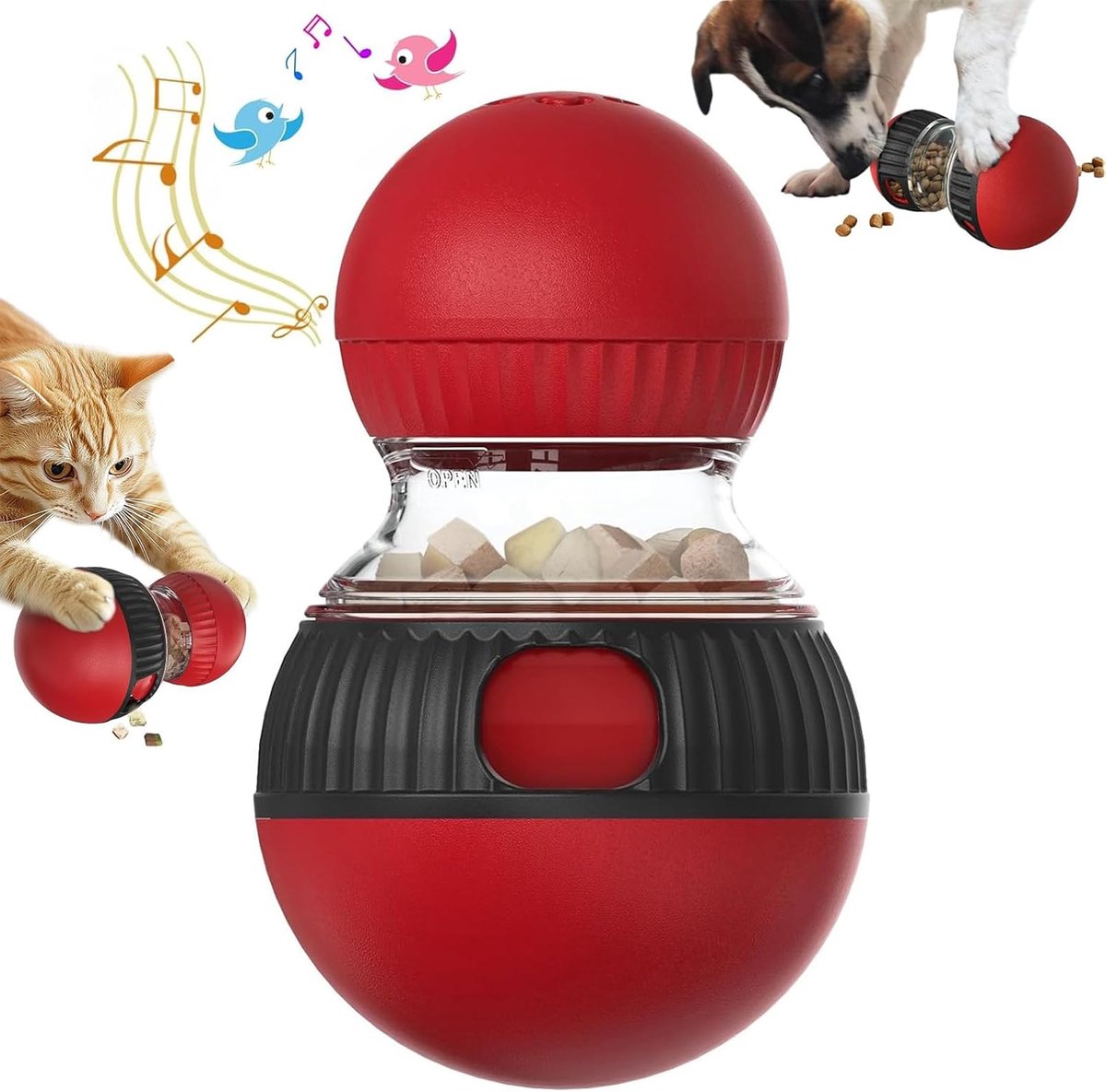 Interactief Hondenpuzzelspeelgoed met Voedseluitgifte – Voerpuzzel voor Honden en Katten met Vogelgeluiden – Verstelbare Voerdispenser voor Langzaam Eten – Geschikt voor Kleine, Middelgrote en Grote Honden & Katten (Rood)