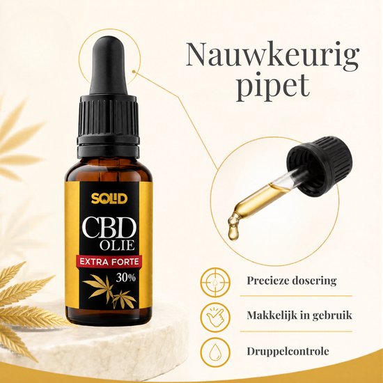 Bruine fles CBD Olie Extra Forte 30% met zwarte druppelaar, met een detailopname van de druppelaar die een druppel afgeeft.