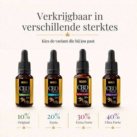 Vier bruine CBD Olie flessen met verschillende concentraties: 10%, 20%, 30% en 40%.