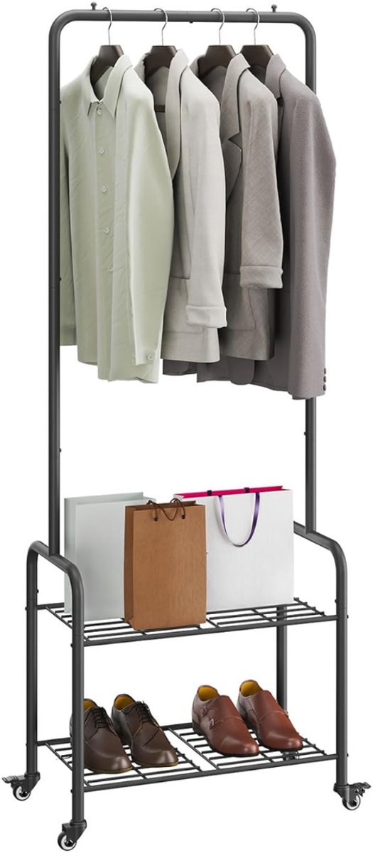 SNJY® Kledingrek op Wieltjes - Kledingstang - Kledingrek Metaal - 2 Opbergvakken - 32D x 61B x 176H cm - Zwart