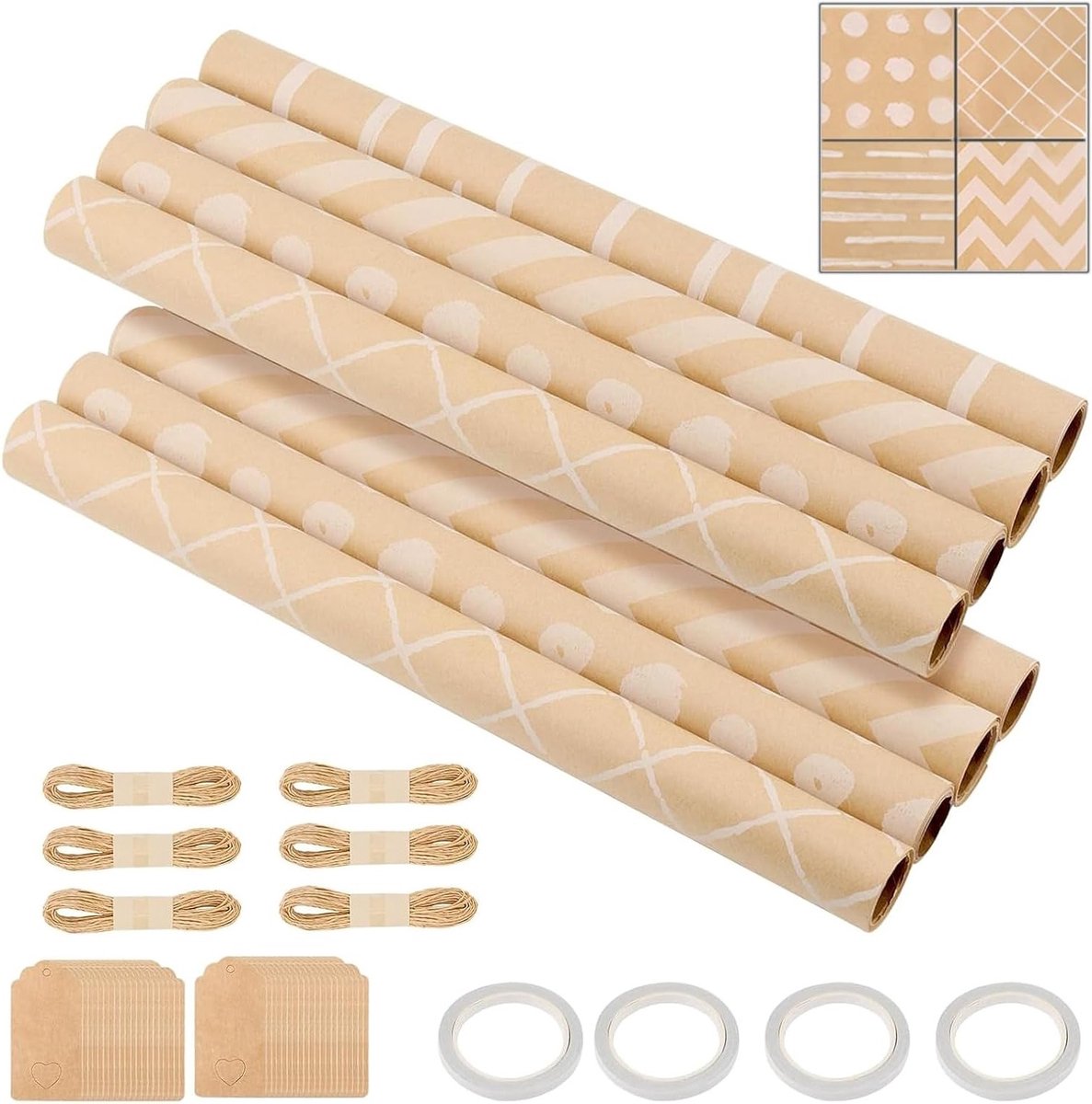 Cadeaupapier set van 8 stuks, 43 x 300 cm, bruin kraftpapier met jute koord en labelkaarten voor bruiloften, verjaardagen en Kerstmis