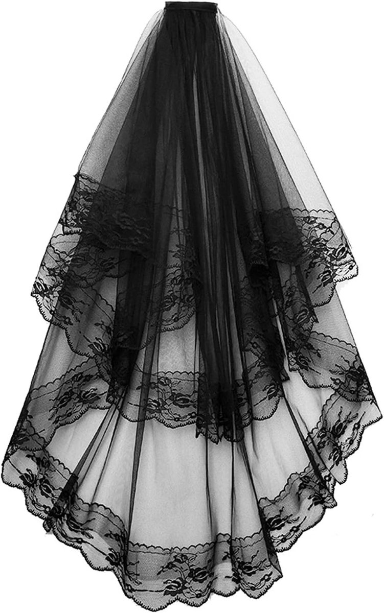 Elegante Zwarte Kanten Bruidsluier met 2 Lagen voor Halloween en Gothic Feestjes - Kostuum Accessoire voor Cosplay en Dag van de Doden