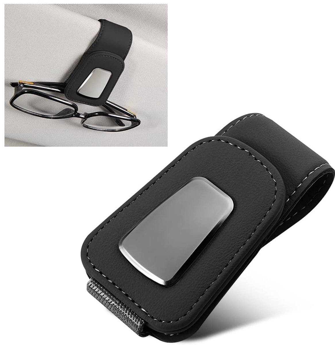 aladdien - Brilclip voor in de auto - Universele zonnebrilhouder - Hoogwaardig leer en metaal - Zwart - Brilhouder auto - Geschikt voor alle zonnebr..