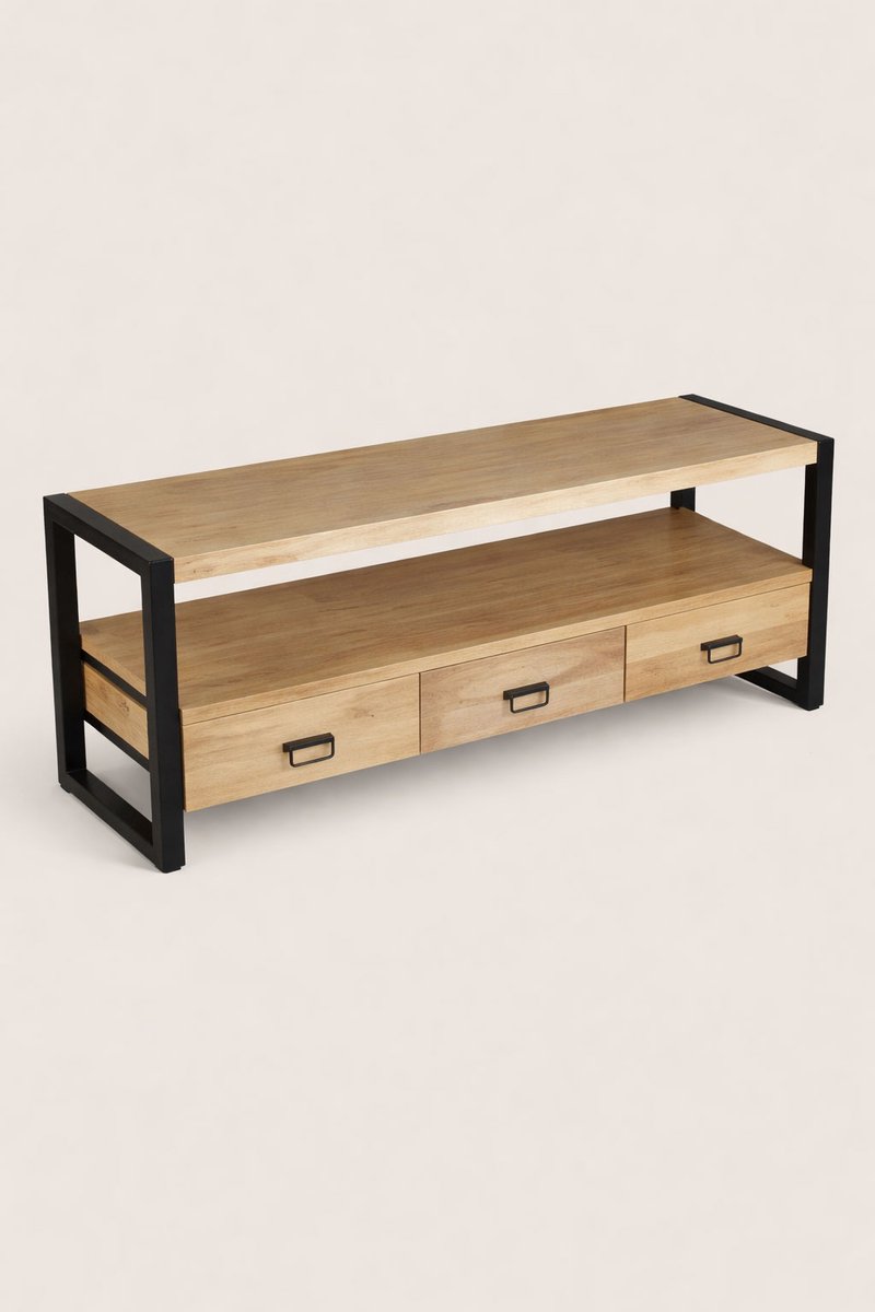 Niva Home TV Meubel 150 cm Mangohout – 3 Lades – Industrieel Naturel