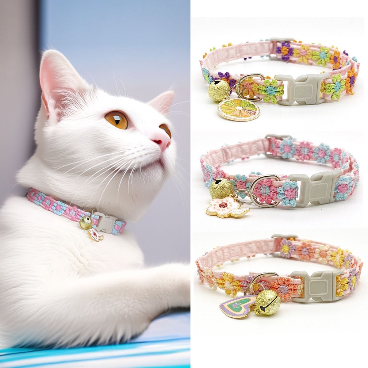 Ulisem - Kattenband - 3-stuks gebloemde halsband - 18-30 cm verstelbaar - 1 cm breed - 11 gram lichtgewicht - Polyester met belletje - Geschikt voor kat en kleine hond - Roze