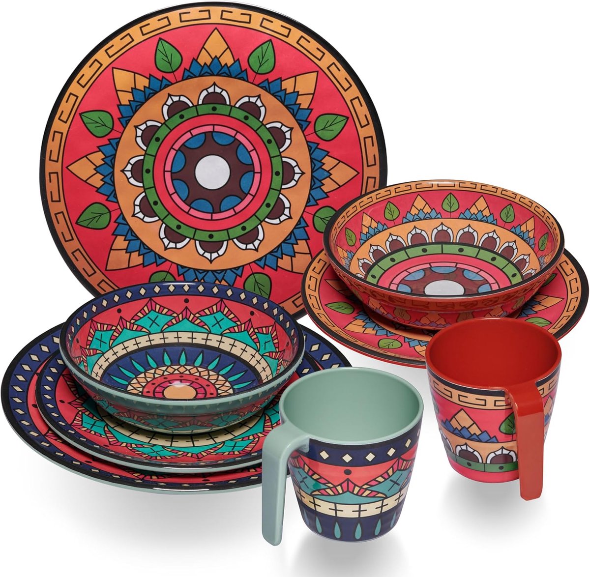 Servies Set - Borden en Bekers - Kamperen en Buiten - Keramische Look - 8 Delig - Multicolour