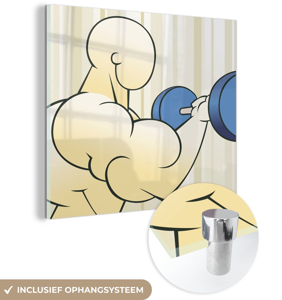 ® Glasschilderij 20x20 cm - Schilderij acrylglas - Een illustratie van een bodybuilder met een blauwe halter - Foto op glas - Muurdecoratie woonkamer - Wanddecoratie slaapkamer - Schilderijen