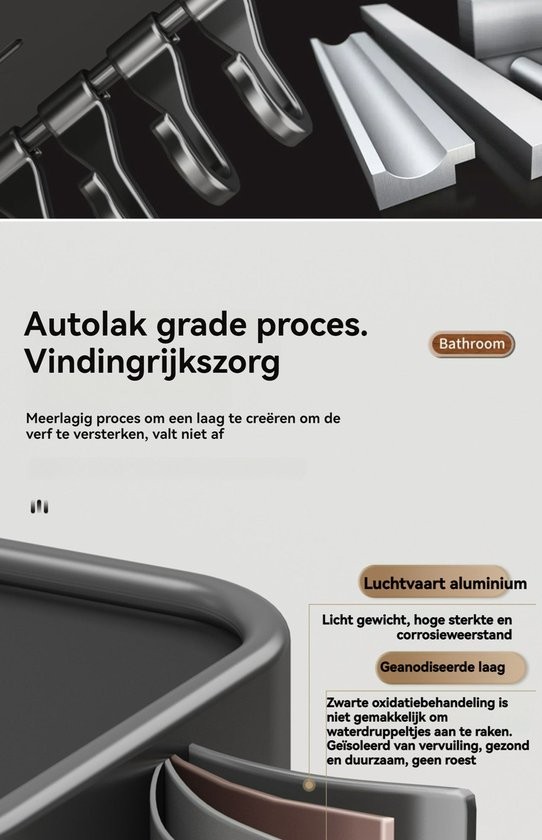Detail van een grijze douchebak met haken en een hoogwaardige coating.