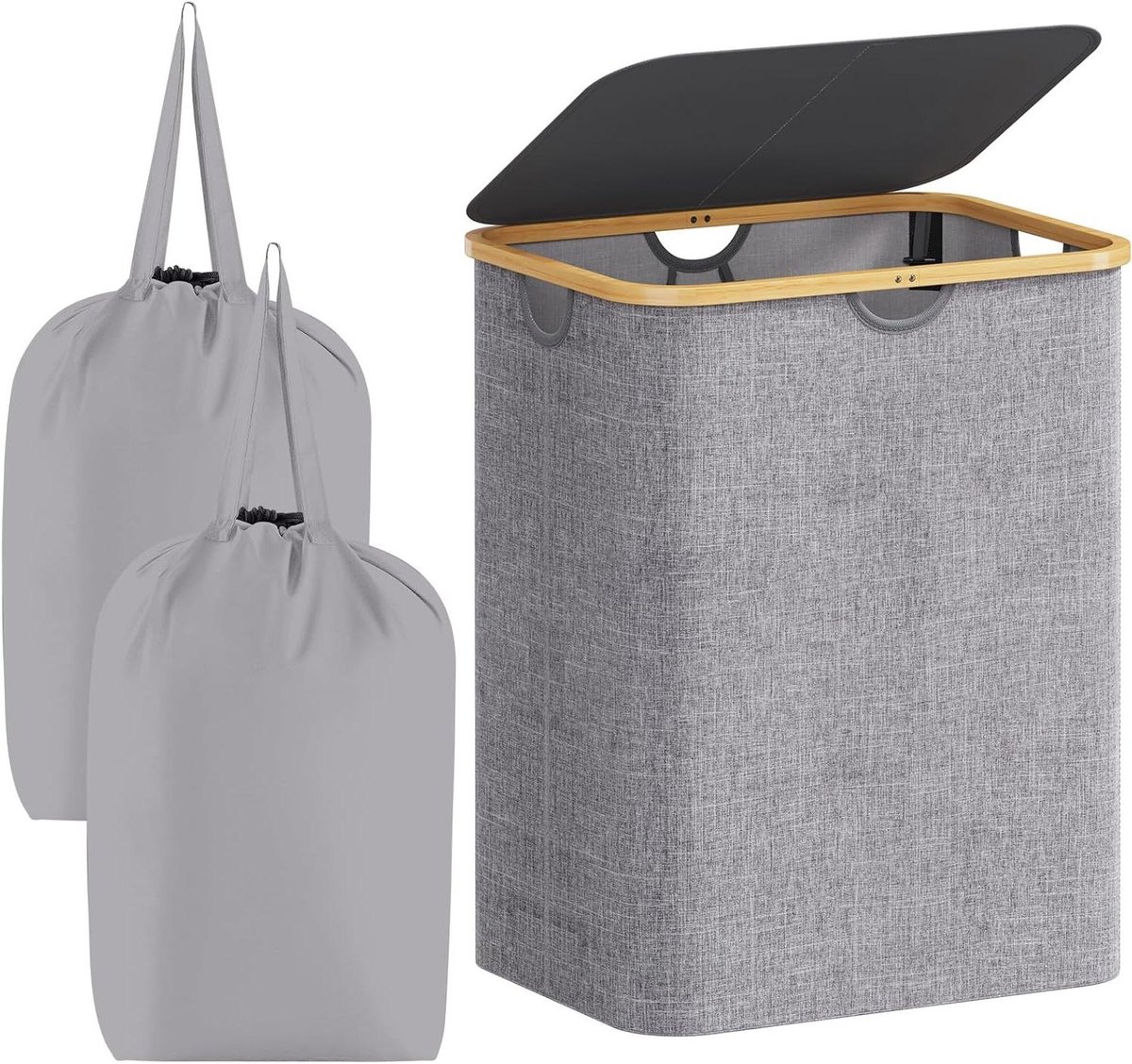 Wasmand met Deksel - Wasopberger - Kleding Opbergen - Afneembare Binnenzak - 120 Liter - Lichtgrijs