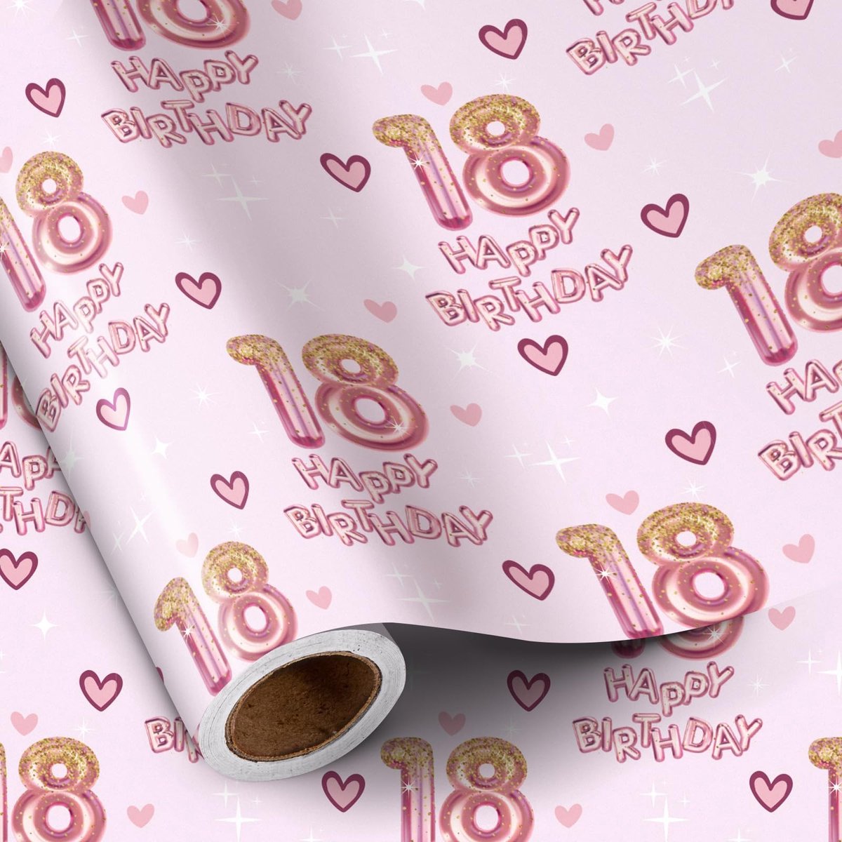 ONF3 - Geschenkpapier - 18e verjaardag - Perfect voor verjaardagsfeestje - Roze en harten - Cadeaupapier voor meisjes - 5 meter lang