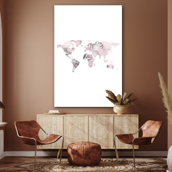 Décoration murale Métal - Peinture Aluminium - Wereldkaart - Rose - Grijs - Peinture - 100x150 cm