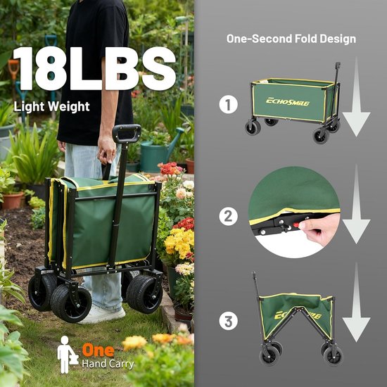 EchoSmile Bolderkar, opvouwbaar, 200 liter, 180 kg belastbaar, handwagen, transportwagen, inklapbaar met verstelbare handgreep, brede wielen, voor alle terrassen, strandwagen, tuinwagen, winkelwagen — afbeelding 5