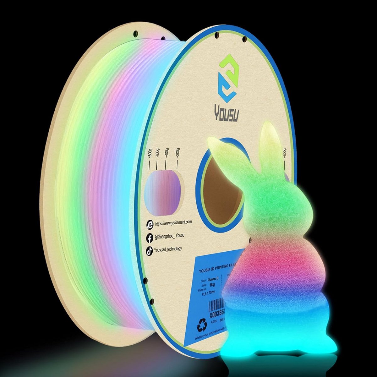 YOUSU PLA Filament Glow in The Dark meerkleurig, regenboog PLA filament, gradiënt 3D Printer Filament Color Change, 1 kg (2,2 lbs) spoel