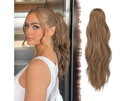 FESHFEN Wavy Claw Ponytail Extension, 50cm Braid Extensions Clip in Hair Extensions Ponytail Extension Synthetic Hair Extensions for Women Light Brown Blend of Natural Blonde