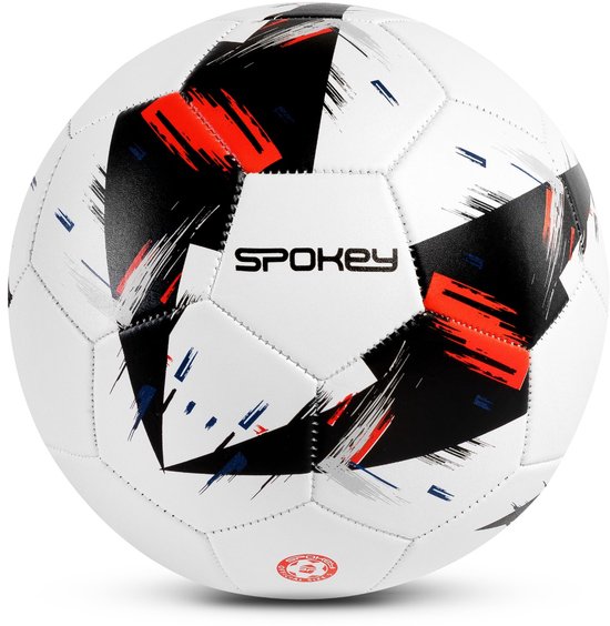 Ballon de football blanc avec des motifs abstraits noirs et rouges. Logo 'SPOKEY' au centre sur un panneau noir.