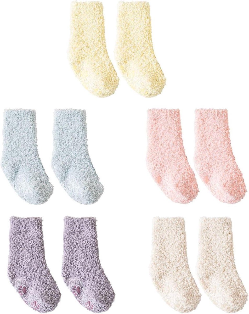 Kinder Sokken - Huissokken Fleece - Warmte Thuis - Antislip Bodem - 5 Paar - Multicolor