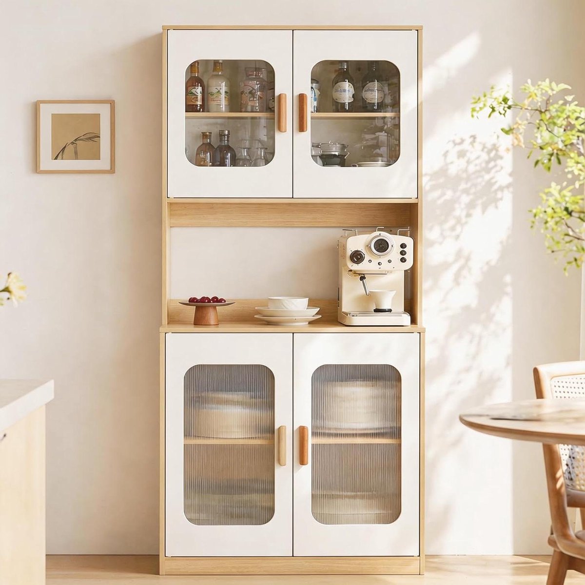 Keuken Dressoir - Opbergkast - Keuken Organiseren - Glazen Deuren - 182 cm Hoog - Wit Hout