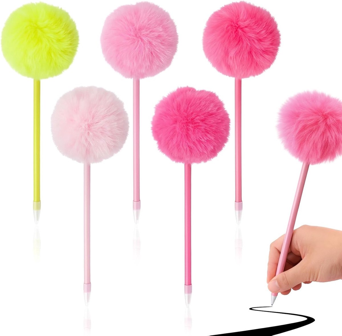 Set van 5 Pompoen Pennen - Schattige Fluffy Balpen met Zwarte Inkt en Pluche Pompom voor School, Kantoor en Cadeaus