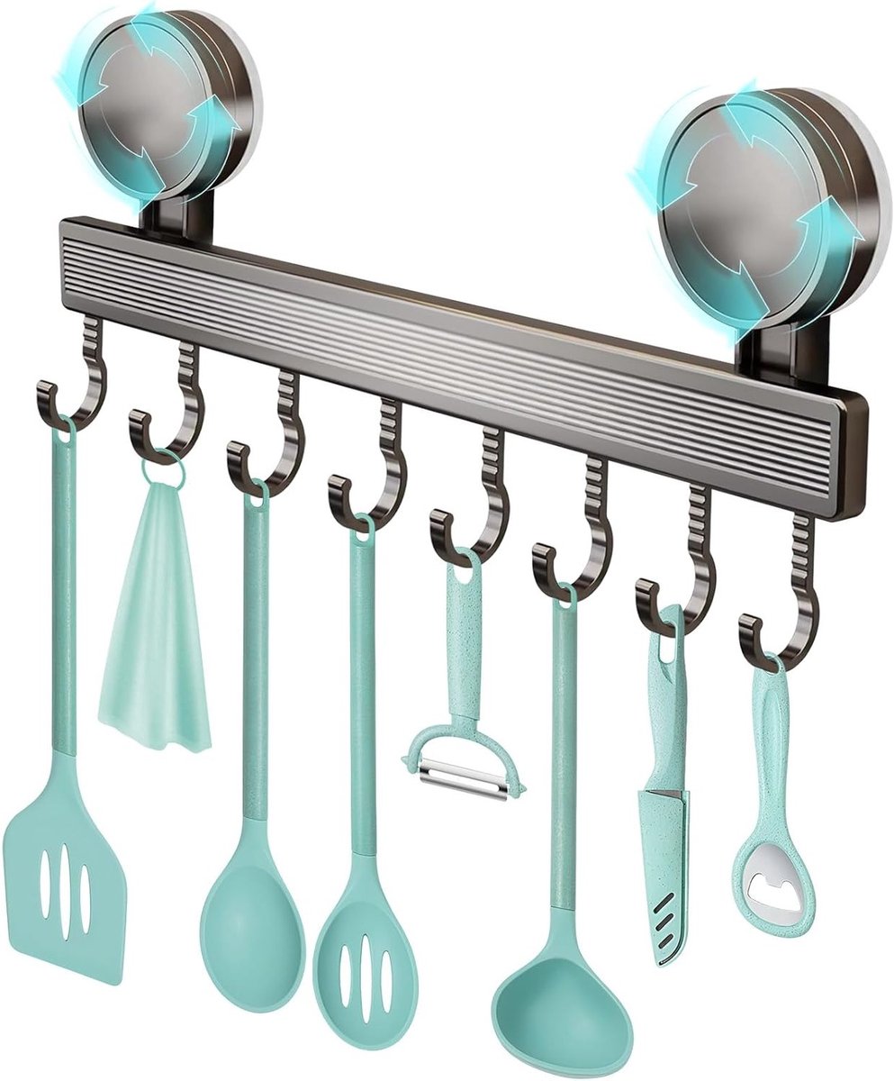 Keukenopbergkast 40 cm zonder boren, zuignap met 8 verstelbare aluminium haken, multifunctionele organizer en utensilhouder, tot 20 kg draagvermogen