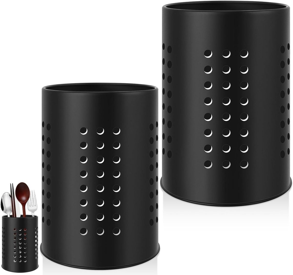 Set van 2 Keukengerei Houder met Geventileerd Ontwerp, Roestvrijstalen Houder voor Eten, Elegante Organizer voor Keuken, Zwart Gereedschap Houder, Bestekopslag en Keukenaccessoires