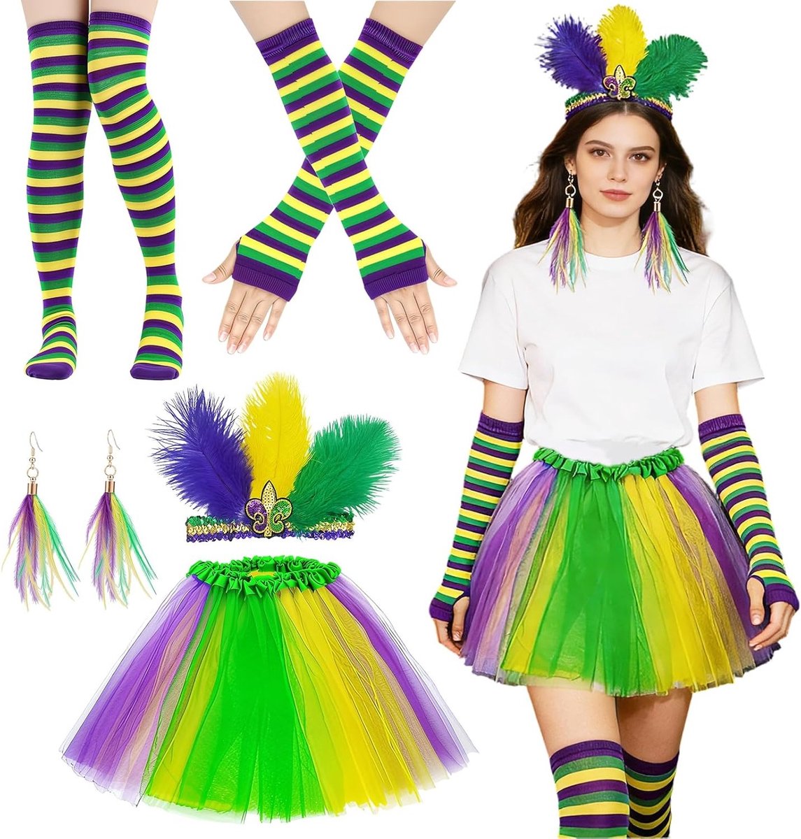 Kleurrijk 5-delig Tulle Rok Set voor Dames met Veer Hoofdband en Sokken, Perfect voor Carnaval en Themafeesten, Compleet Regenboog Kostuum voor Vrouwen