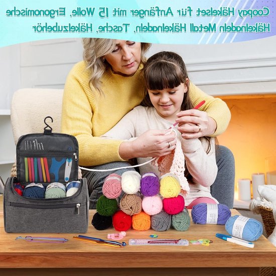 Complete Haakset voor Beginners met 15 Bollen Wol, Ergonomische Haaknaalden en Accessoires, Ideaal voor Creatieve Projecten en Handwerken in Lichtgrijs — afbeelding 2