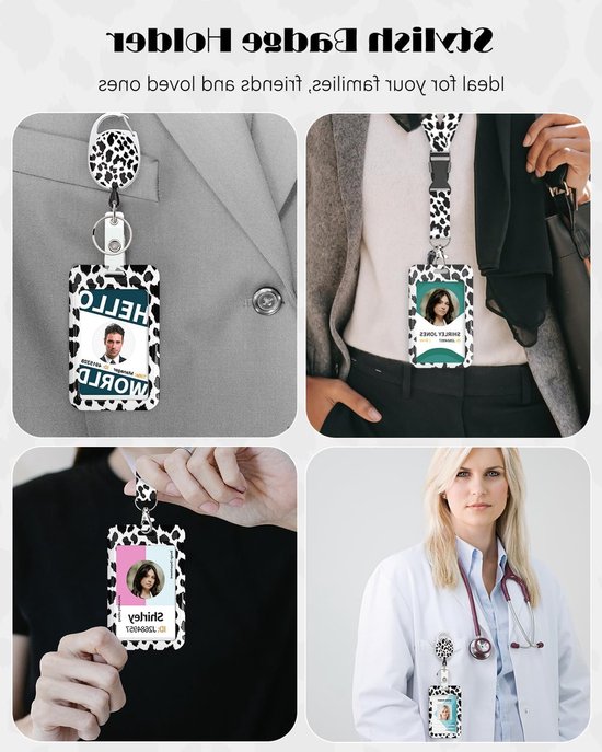 Stijlvolle ID-kaarthouder met sneeuwluipaardprint, retractable badge reel en afneembare lanyard voor kantoor en onderwijs — afbeelding 2