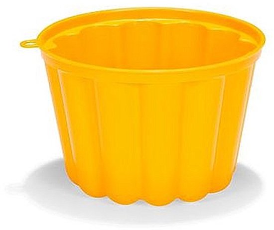 Gele, geribbelde puddingvorm met een opening en een oogje aan de bovenzijde.