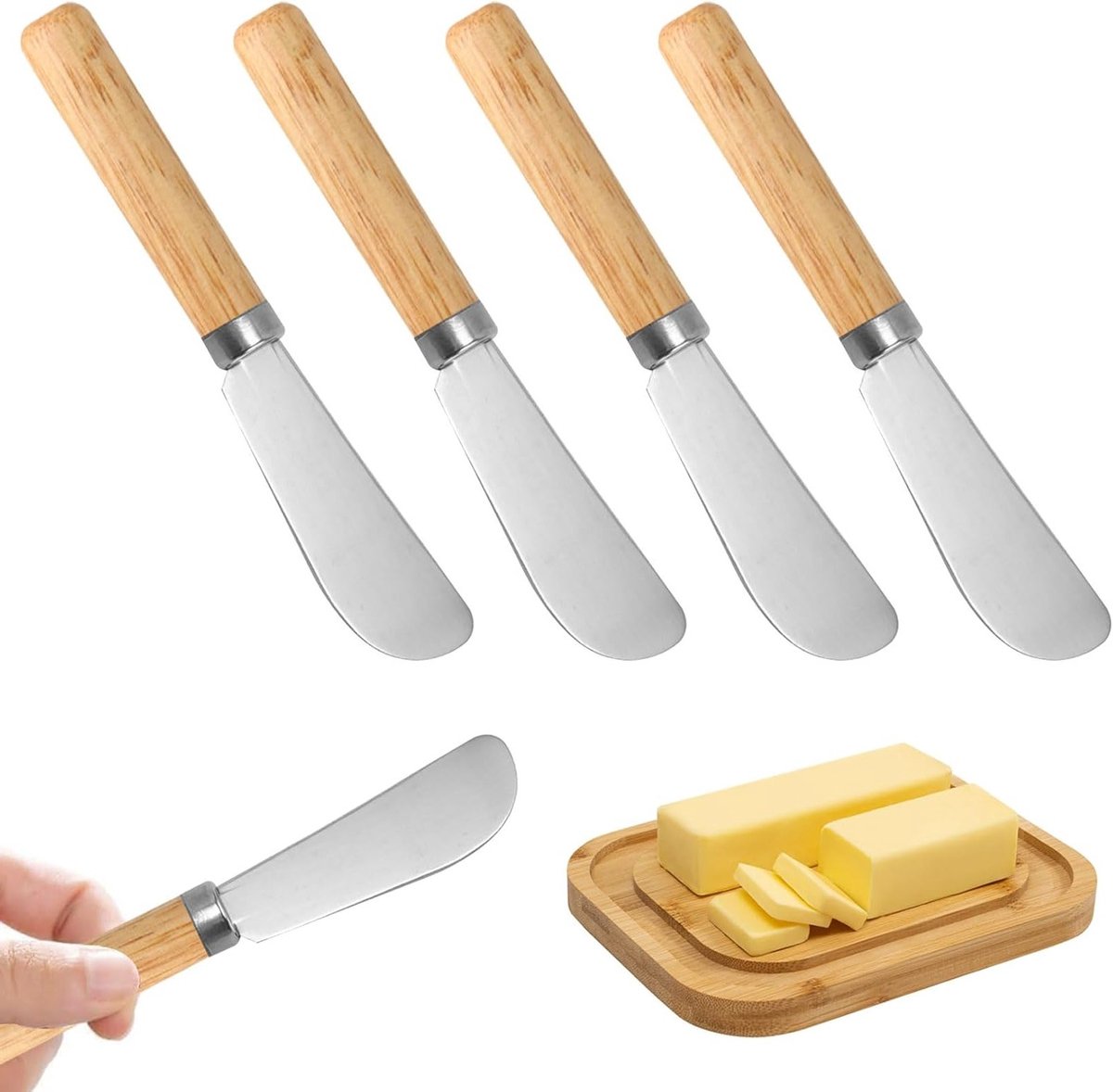 Set van 4 RVS Botermessen en Kaasmessen met Houten Handvat voor Jam, Brood en Dessert