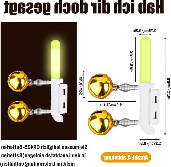 Visalarm met Verlichte Belletjes, 4 Stuks, Fluorescerende Hengelverlichting, Ideaal voor Nachtvissen, Inclusief CR425 Batterij, Waterdicht en Duurzaam — afbeelding 5