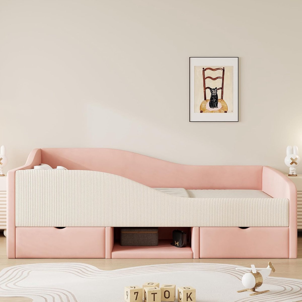 Kinderbed 90x190 cm gestoffeerd fluweel met opbergruimte, lattenbodem, valbeveiliging & 2 lades – Modern design jeugdbed meisjes jongens roze/crèmewit 201x98x52 cm – Laura