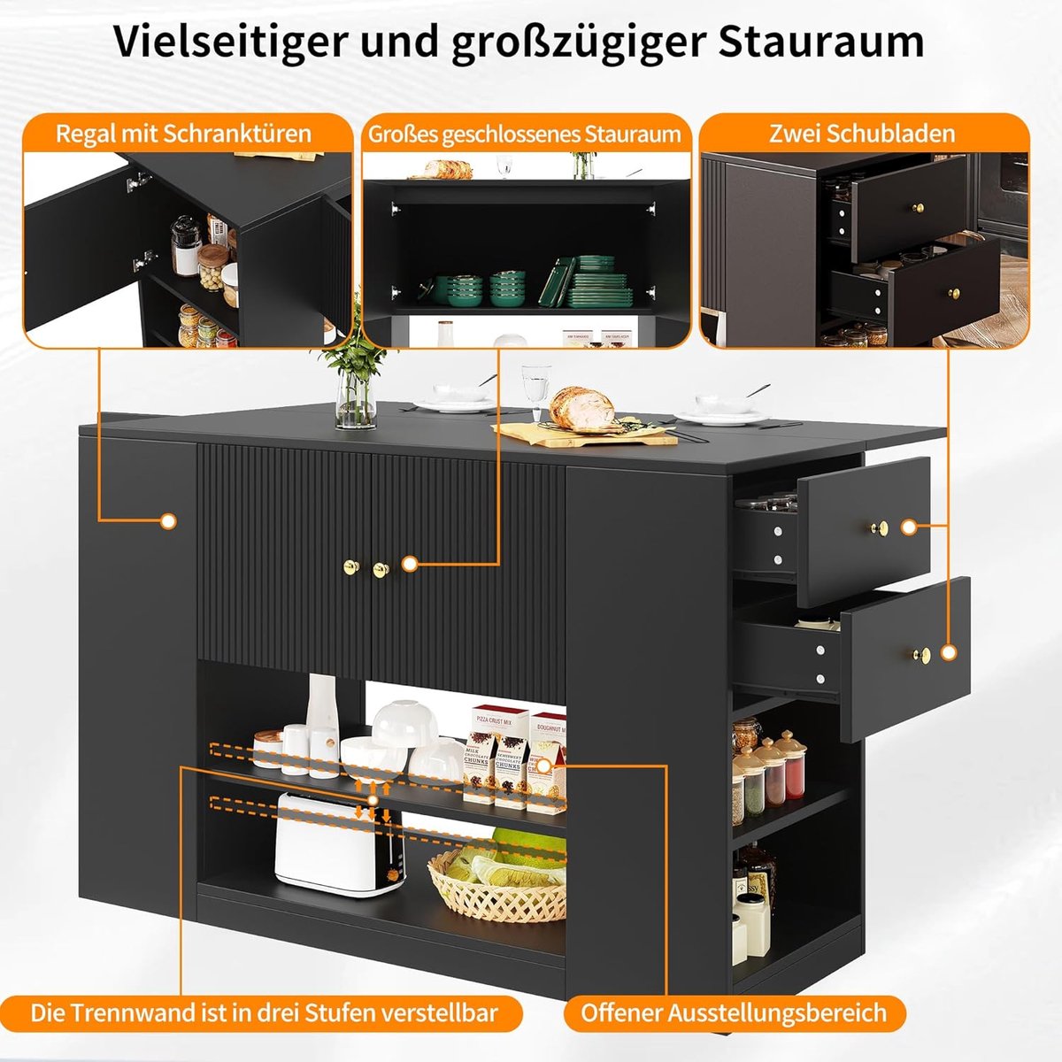 Kopenhagen Multifunctioneel Keukeneiland – Luxe Kookeiland met Uitklapbaar Werkblad, Lades en Opbergvakken (140 x 70 x 90 cm) – Zwart