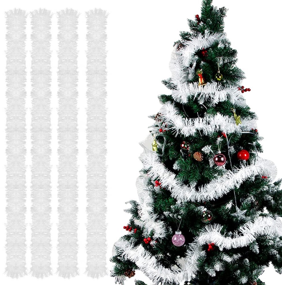 Store_8 - Christmas Garlands - Lametta Kerstboom - 4 Stuks - 3 Metres - Wit - Kerstdecoratie - Feestversiering - Geschikt voor Kerstfeest
