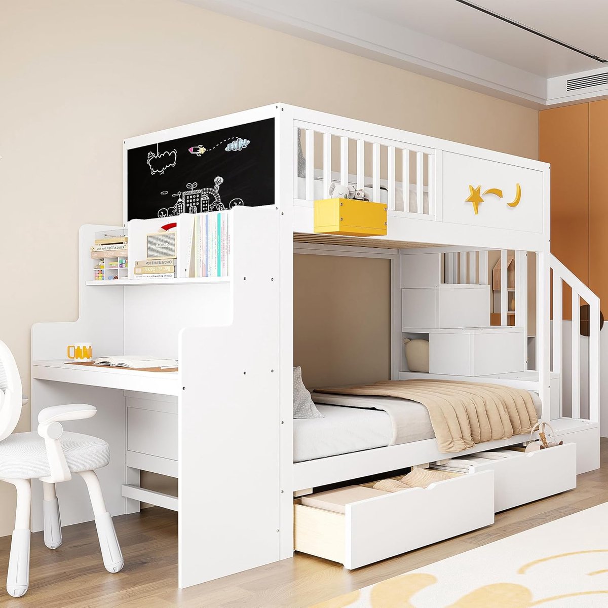 LunaStar Loft Hoogslaper 90x200 cm met Bureau, Boekenkast, Opberglades en Trap met Opbergruimte – Moderne Houten Kinder Hoogslaper met Veiligheidshek en Sterrenmotief – Wit