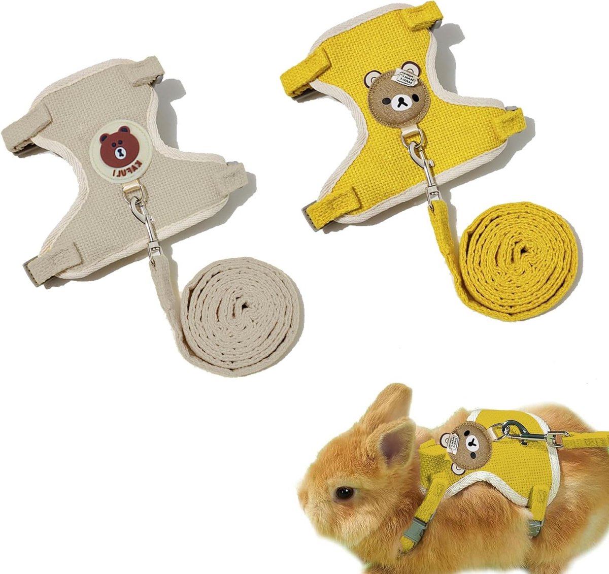 Verstelbare zachte konijnenharnas met riem - 2-delige set voor dwergkonijnen, kleine konijnen, katten en honden (Geel, Beige)
