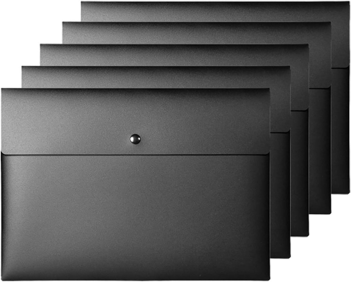 A4 Enveloppen Folders voor Documenten - Plastic Wallets Organizer met Drukknop Sluiting - Set van 5 Stuks (Zwart)